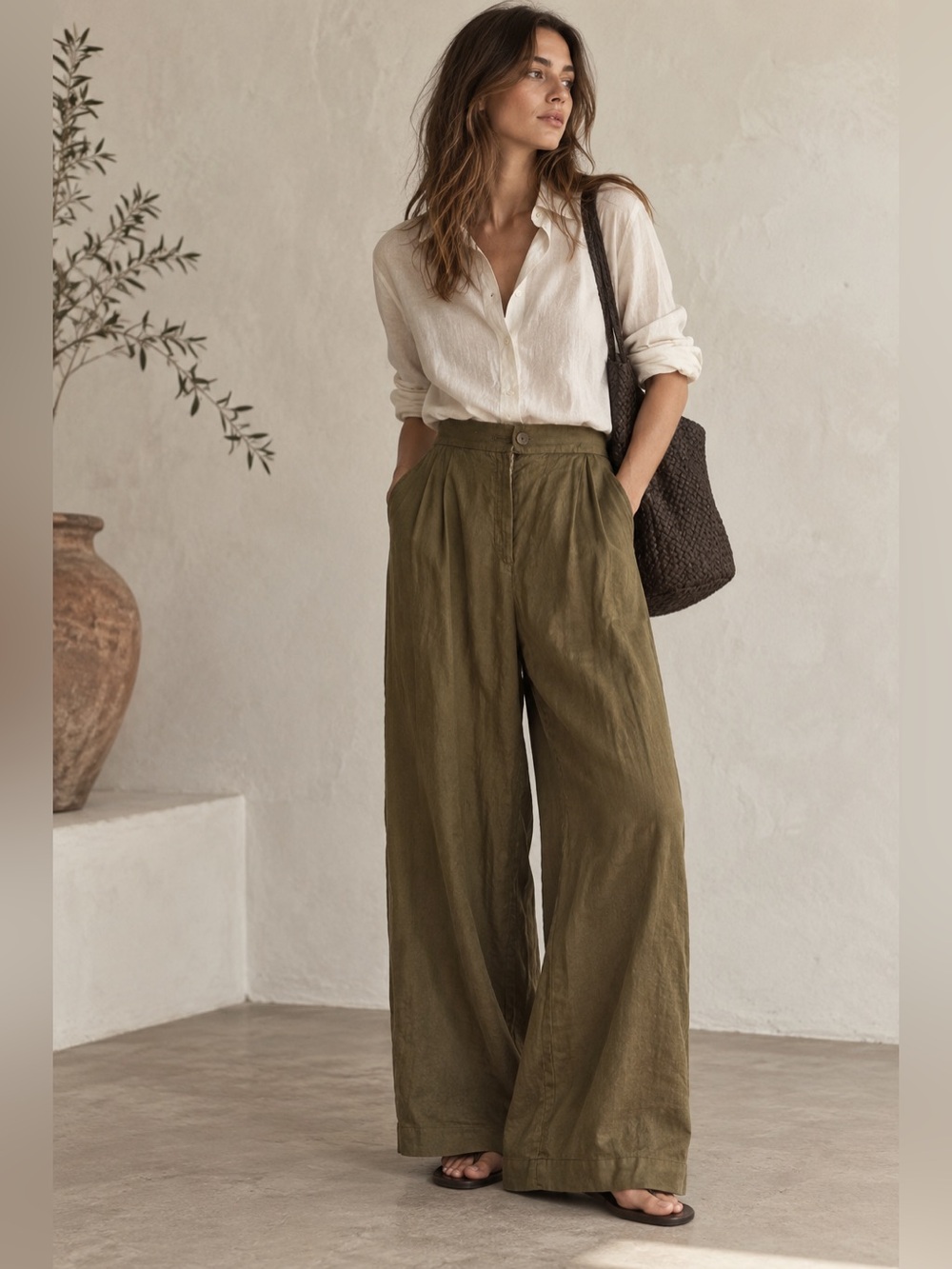 Massimo Dutti Olive Wide-Leg Linen Trousers- Size 2